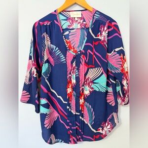 Yumi Kim Lizzie blouse in a blue and pink tropical floral small pre-owned